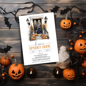 May include: A Halloween party invitation with a watercolor illustration of a spooky home with a black door and pumpkins on the steps. The text reads "home spooky home" with the date "Oct 31" and the time "6PM".