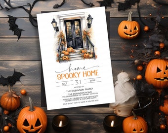 May include: A Halloween party invitation with a watercolor illustration of a spooky home with a black door and pumpkins on the steps. The text reads "home spooky home" with the date "Oct 31" and the time "6PM".
