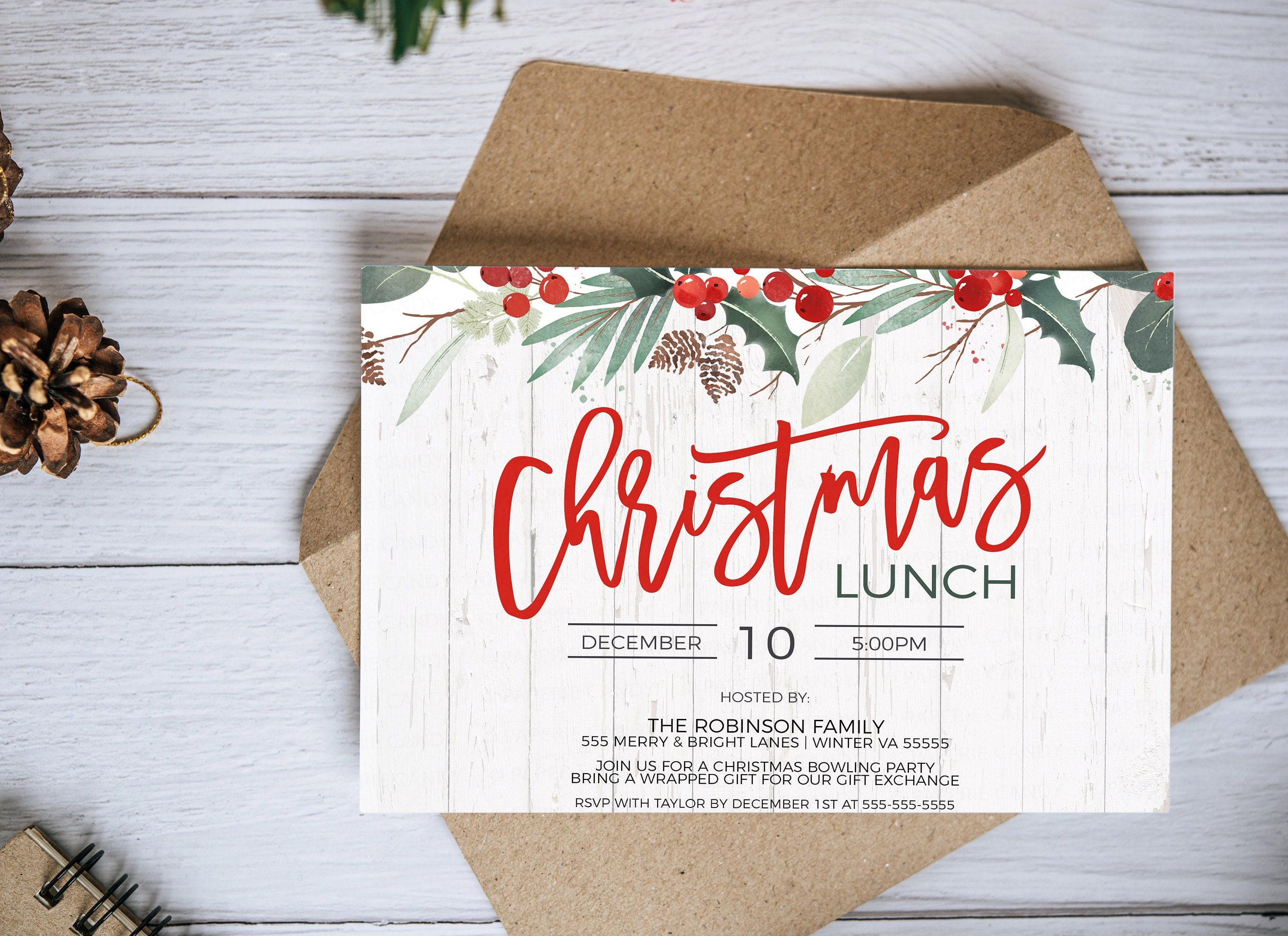 Editable Christmas Lunch Party Invitation Brunch Luncheon Dinner