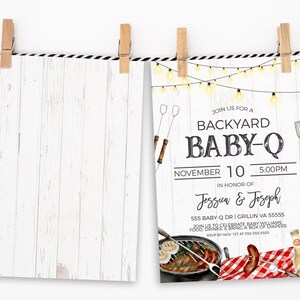 May include: A white and yellow baby shower invitation with a rustic wood background. The invitation reads "Join us for a Backyard Baby-Q" with the date and time of the event. The invitation also includes the names "Jessica & Joseph" and the address "555 Baby-Q Dr | Grillin VA 55555".