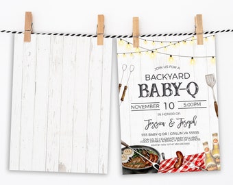 Invitación a la ducha de parejas Baby-Q en el patio trasero, invitación a pañales de cerveza con hamburguesas BBQ, barbacoa en el patio trasero, plantilla imprimible editable para baby shower mixto