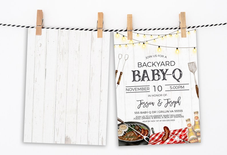 May include: A white and yellow baby shower invitation with a rustic wood background. The invitation reads "Join us for a Backyard Baby-Q" with the date and time of the event. The invitation also includes the names "Jessica & Joseph" and the address "555 Baby-Q Dr | Grillin VA 55555".