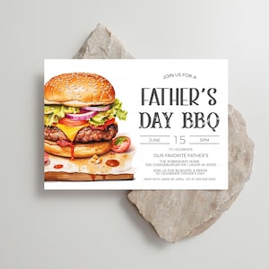 May include: Invitation to a Father's Day BBQ with a large, juicy burger illustration. The event is on June 15th at 5 PM at the Robinson's home, 555 Cheeseburger Dr, Lager VA 55555. RSVP with Jamie by April 1st at 555-555-5555.