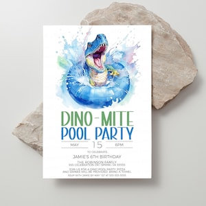 Dinosaur Pool Party Invitation, Dino Pool Party Invite, Dino-Mite Pool Party, Pool Birthday, End Of School Party, Editable Printable