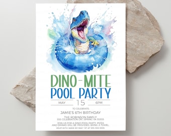 Dinosaur Pool Party Invitation, Dino Pool Party Invite, Dino-Mite Pool Party, Pool Birthday, End Of School Party, Editable Printable