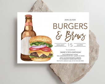 May include: A watercolor illustration of a hamburger and a bottle of beer. The invitation reads "Join us for Burgers & Brews" and includes the date "January 15" and time "5:00PM". The invitation is for Jamie's 35th birthday party.