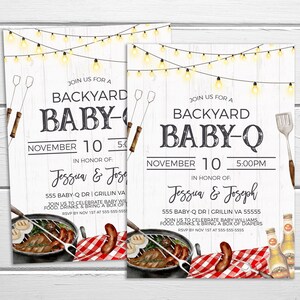 May include: A white and wood-grain background with a string of lights. The text "Join us for a Backyard Baby-Q" is written in black with a white outline. The date is November 10th at 5:00 PM. The invitation is for Jessica & Joseph. The address is 555 Baby-Q Dr. Grillin VA 55555. The invitation requests guests to bring a box of diapers.