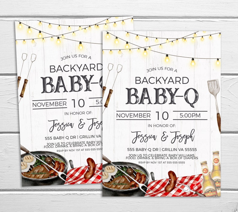 May include: A white and wood-grain background with a string of lights. The text "Join us for a Backyard Baby-Q" is written in black with a white outline. The date is November 10th at 5:00 PM. The invitation is for Jessica & Joseph. The address is 555 Baby-Q Dr. Grillin VA 55555. The invitation requests guests to bring a box of diapers.