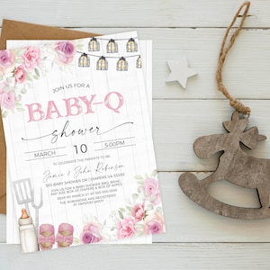 Baby Girl Pink Baby-Q Baby Shower Invitation, Coed Couples Baby Shower BBQ Burgers Beer Invite, Backyard Barbecue, Rustic Editable Printable
