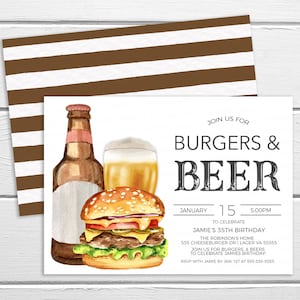K&ouml;nnte beinhalten: Eine wei&szlig;e Einladungskarte mit einer Aquarell-Illustration eines Hamburgers, einer Bierflasche und einem Glas Bier. Der Text auf der Karte lautet "Join us for Burgers & Beer" und enth&auml;lt Details f&uuml;r Jamies 35. Geburtstagsparty.