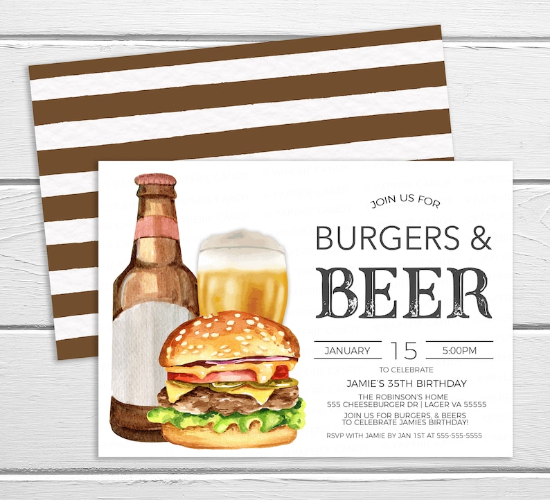 K&ouml;nnte beinhalten: Eine wei&szlig;e Einladungskarte mit einer Aquarell-Illustration eines Hamburgers, einer Bierflasche und einem Glas Bier. Der Text auf der Karte lautet "Join us for Burgers & Beer" und enth&auml;lt Details f&uuml;r Jamies 35. Geburtstagsparty.