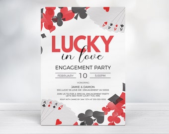Pode incluir: Convite para uma festa de noivado com as palavras "LUCKY in love" em vermelho. O convite inclui naipes de cartas de baralho e a data de 10 de fevereiro. O convite também inclui os nomes Jamie & Damon.
