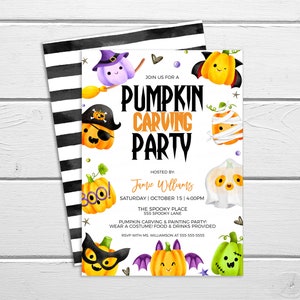May include: A Halloween party invitation with a white background and colorful cartoon pumpkins. The invitation says "Join us for a Pumpkin Carving Party" and includes the date, time, and location of the party.