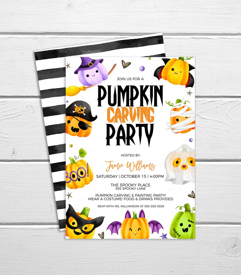 May include: A Halloween party invitation with a white background and colorful cartoon pumpkins. The invitation says "Join us for a Pumpkin Carving Party" and includes the date, time, and location of the party.