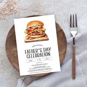 May include: A Father's Day celebration invitation with a watercolor illustration of a hamburger on a wooden board. The invitation includes the date, time, and location of the event, as well as the host's name and contact information.