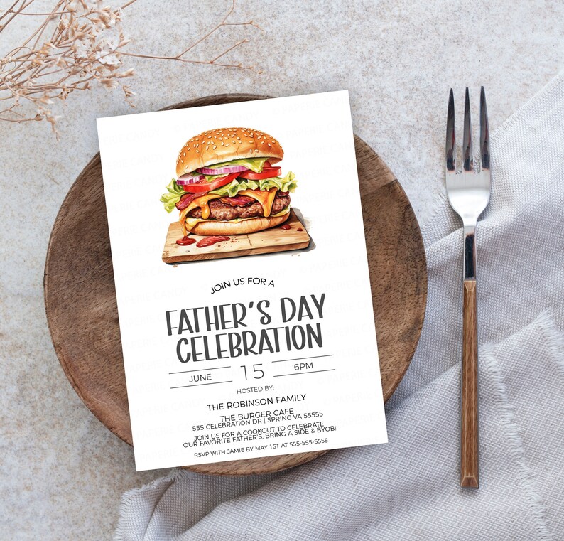 May include: A Father's Day celebration invitation with a watercolor illustration of a hamburger on a wooden board. The invitation includes the date, time, and location of the event, as well as the host's name and contact information.