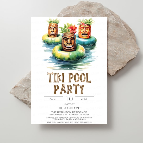 Tiki Pool Party Invitation, Tiki Water Park Party Invite, Hawaiian Pool Party, Tropical Pool, Luau Pool Party, Editable Printable Template