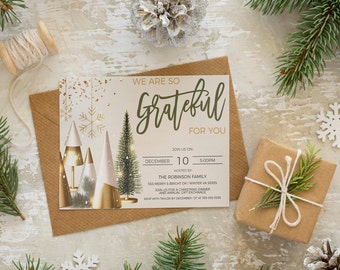 May include: A Christmas invitation with a gold and white background featuring a stylised illustration of a snowy forest. The text reads "We are so grateful for you" and includes details for a Christmas dinner and gift exchange.
