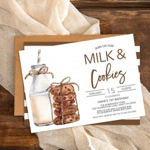 May include: A white invitation card with brown text that reads "Join us for Milk & Cookies" and details for a 1st birthday party. The card features a watercolor illustration of a glass bottle of milk with a straw and a stack of chocolate chip cookies.