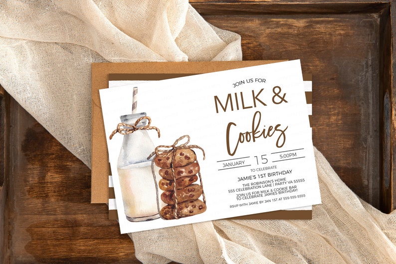 May include: A white invitation card with brown text that reads "Join us for Milk & Cookies" and details for a 1st birthday party. The card features a watercolor illustration of a glass bottle of milk with a straw and a stack of chocolate chip cookies.