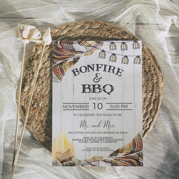 Bonfire BBQ Invitation, Fall Autumn Backyard Party Invite, Barbecue Couples Shower Rustic Engagement, Birthday Campfire, Printable Editable