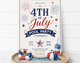 Inbjudan till poolparty den 4 juli, redigerbar patriotisk poolpartyinbjudan, utskrivbar röd, vit och blå sommarfest