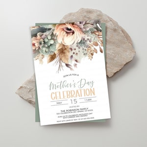 May include: A floral invitation for a Mother's Day celebration. The invitation features a watercolour illustration of flowers in shades of peach, brown, and green. The text reads "Join us for a Mother's Day Celebration, May 15, 11 AM, Hosted by The Robinson Family, 555 Celebration Dr Spring, VA 55555, Join us to celebrate Mother's Day with dinner and drinks, RSVP with Jane by May 1st at 555-055-0945."
