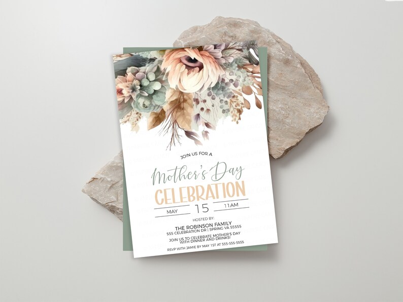 May include: A floral invitation for a Mother's Day celebration. The invitation features a watercolour illustration of flowers in shades of peach, brown, and green. The text reads "Join us for a Mother's Day Celebration, May 15, 11 AM, Hosted by The Robinson Family, 555 Celebration Dr Spring, VA 55555, Join us to celebrate Mother's Day with dinner and drinks, RSVP with Jane by May 1st at 555-055-0945."