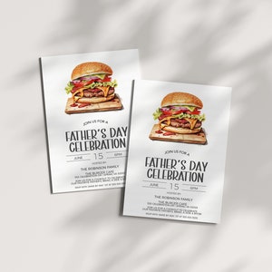May include: A white invitation card with a picture of a hamburger on top. The text on the card reads "Join us for a Father's Day Celebration" with the date and time of the event. The event is hosted by the Robinson family at The Burger Cafe.