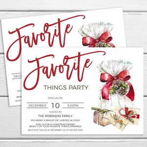 May include: A red and white Christmas party invitation with the words "Favorite Things Party" in red script. The invitation includes details about the date, time, location, and host. The invitation features a watercolor illustration of a gift bag with a red bow and presents.