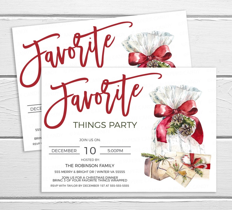 May include: A red and white Christmas party invitation with the words "Favorite Things Party" in red script. The invitation includes details about the date, time, location, and host. The invitation features a watercolor illustration of a gift bag with a red bow and presents.
