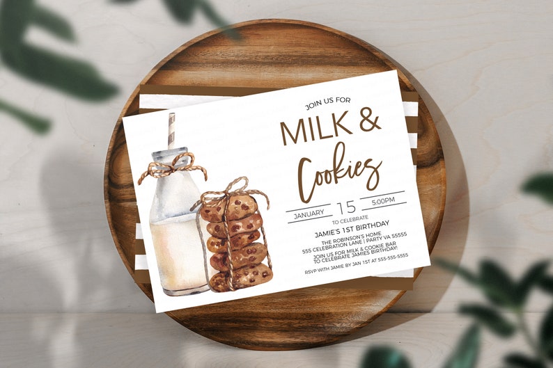 May include: A white invitation card with brown text that reads "Join us for Milk & Cookies" and details for a first birthday party. The card features a watercolor illustration of a glass bottle of milk and a stack of chocolate chip cookies.