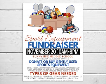Editable Used Sports Equipment Flyer, School Church Sporting Goods League Fundraising, PTO PTA Community Donation Charity Event, Printable