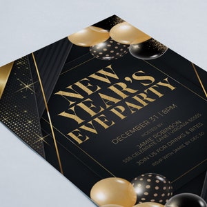 Pode incluir: Convite para uma festa de Ano Novo em preto e dourado com confete dourado e bal&otilde;es pretos e dourados. O texto diz "Festa de Ano Novo" com a data e hora "31 de dezembro | 20:00". O convite tamb&eacute;m inclui o nome do anfitri&atilde;o, o endere&ccedil;o e as informa&ccedil;&otilde;es de RSVP.