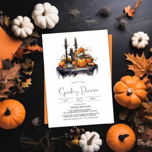 May include: A Halloween-themed dinner invitation with a watercolor illustration of pumpkins, candles, and a table setting. The text reads "Join us for a Spooky Dinner, Oct 30, 6PM, Celebrating Jamie's Birthday, The Robinson Family, 555 Celebration Dr Spring VA 55555, Please join us to celebrate Jamie's 35th Birthday, Food, Drinks & Friends, RSVP with Jamie by Oct 1st at 555-555-5555."