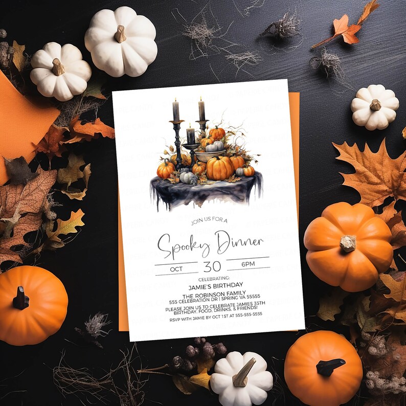 May include: A Halloween-themed dinner invitation with a watercolor illustration of pumpkins, candles, and a table setting. The text reads "Join us for a Spooky Dinner, Oct 30, 6PM, Celebrating Jamie's Birthday, The Robinson Family, 555 Celebration Dr Spring VA 55555, Please join us to celebrate Jamie's 35th Birthday, Food, Drinks & Friends, RSVP with Jamie by Oct 1st at 555-555-5555."