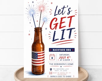 Inbjudan till 4 juli-fest med öl och fyrverkerier, redigerbar utskrivbar