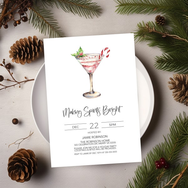 Holiday Cocktail Party Invitation, Making Spirits Bright Invite, Adult Holiday Party, Happy Hour, Christmas Cocktails, Editable Printable