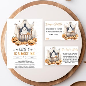 Halloween Baby Shower Invitation Bundle, Invite Diaper Raffle Ticket And Books For Baby Tickets, Little Boo Is Almost Due Editable Printable