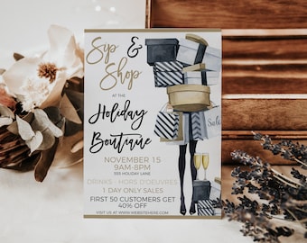 Puede incluir: Una tarjeta de invitación blanca con texto negro y dorado que anuncia un evento "Sip & Shop" en la "Holiday Boutique" el 15 de noviembre de 9:00 a 20:00. La dirección es 555 Holiday Lane. La invitación incluye detalles sobre bebidas, aperitivos, ventas de un solo día y un descuento del 40% para los primeros 50 clientes. La tarjeta presenta una ilustración de acuarela de una mujer que lleva una pila de regalos y bolsas de compras.