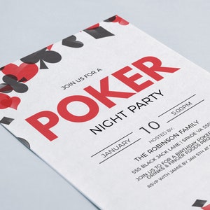 May include: Poker night party invitation with a red and black playing card design. The invitation is for January 10th at 5:00 PM, hosted by The Robinson Family at 555 Black Jack Lane, Spade VA 55555. RSVP with Jamie by January 5th at 555-555-5555.
