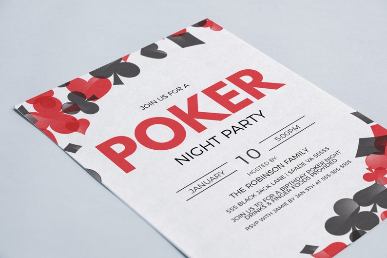 May include: Poker night party invitation with a red and black playing card design. The invitation is for January 10th at 5:00 PM, hosted by The Robinson Family at 555 Black Jack Lane, Spade VA 55555. RSVP with Jamie by January 5th at 555-555-5555.