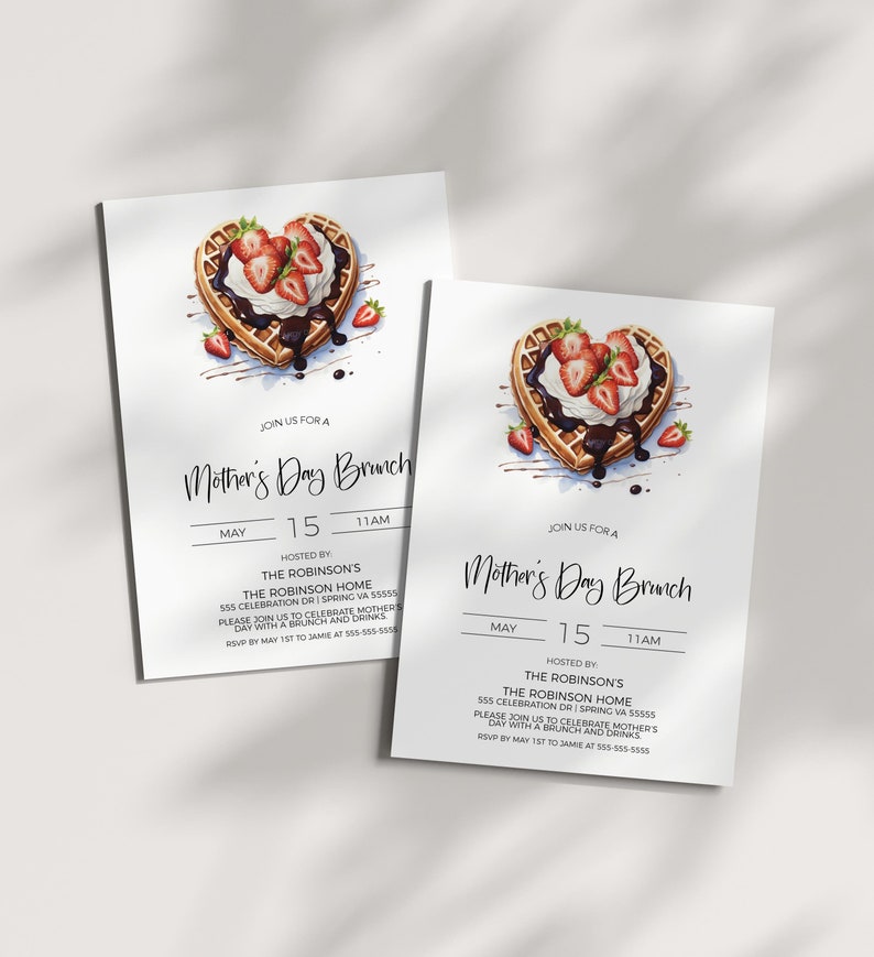 K&ouml;nnte beinhalten: Einladung zu einem Muttertagsbrunch am 15. Mai um 11:00 Uhr. Die Veranstaltung wird von The Robinson's im The Robinson Home, 555 Celebration Drive, Spring, VA 55555, ausgerichtet. G&auml;ste sind eingeladen, den Muttertag mit einem Brunch und Getr&auml;nken zu feiern. Bitte melden Sie sich bis zum 1. Mai bei Jamie unter 555-555-5555 an.