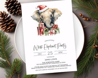 Puede incluir: Un elefante blanco con un gorro de Papá Noel y sosteniendo una pila de regalos envueltos. La invitación dice "Join us for a White Elephant Party, Dec 25, 6PM, Hosted by Jamie & John, The Robinson Home, 555 Celebration Dr, Christmas VA 55555, Por favor, únase a nosotros para nuestro intercambio anual de regalos, traiga un regalo envuelto por debajo de 50 $, Comida y bebidas servidas, RSVP con Jamie antes del 10 de diciembre al 555-555-5555."