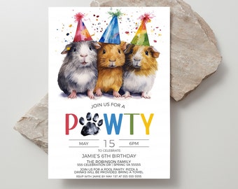 May include: Invitation to a "Pawty" for Jamie's 6th birthday. The invitation features three guinea pigs wearing party hats and the text "Join us for a PWTY" with a paw print in the middle of the word "Pawty". The invitation also includes the date, time, and location of the party.