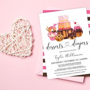 Girl Baby Shower Invitation, Pink Brown Desserts And Diapers Invite, Donuts Baby Sprinkle, Girl Twins Sprinkled With Love Editable Printable