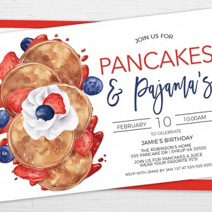 May include: Invitation to a Pancakes & Pajama's party on February 10th at 10:00 AM to celebrate Jamie's birthday. The invitation features a watercolor illustration of pancakes with whipped cream, strawberries, and blueberries.