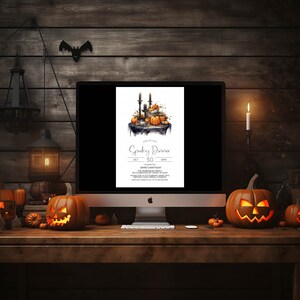 May include: A digital invitation for a Spooky Dinner on October 30th at 6pm, celebrating James' birthday. The invitation features a watercolor illustration of a table setting with pumpkins, candles, and a black tablecloth.