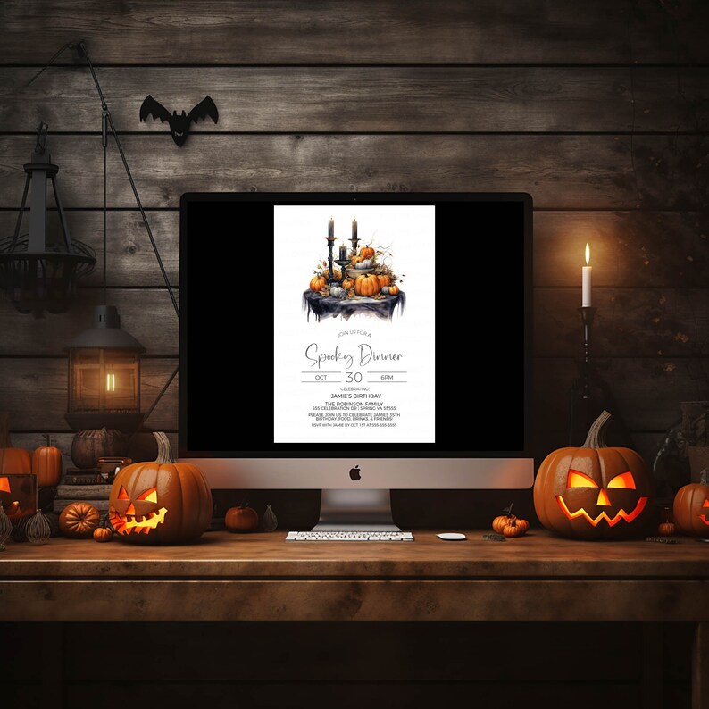 May include: A digital invitation for a Spooky Dinner on October 30th at 6pm, celebrating James' birthday. The invitation features a watercolor illustration of a table setting with pumpkins, candles, and a black tablecloth.
