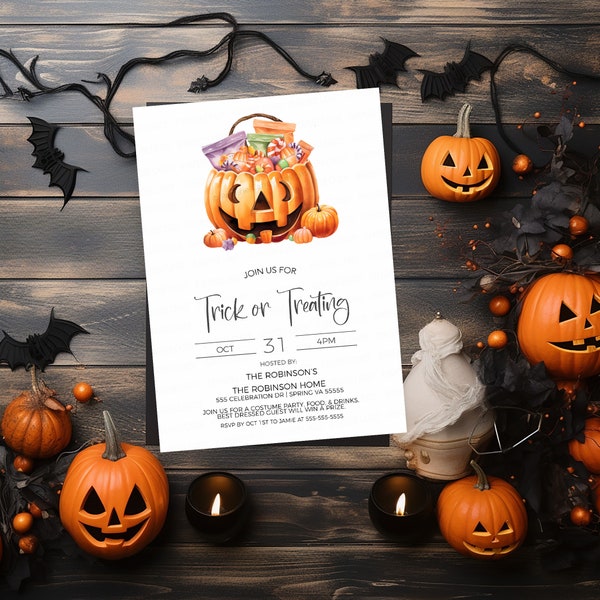 Halloween Trick Or Treating Party Invitation, Halloween Trick Or Treat Kids Party Invite, Neighborhood Block Party Digital Editable Template